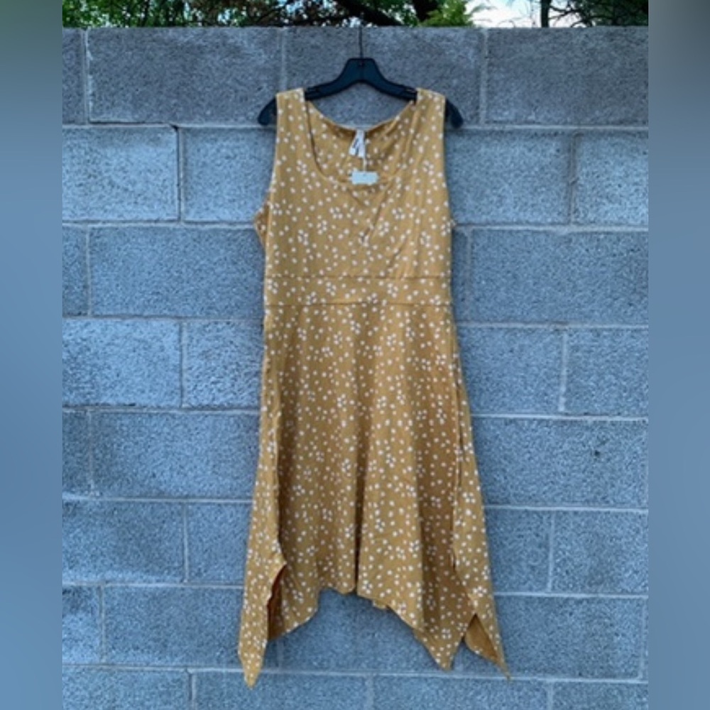 NWT Pact Mustard Yellow Midi Dress with Pockets and Handkerchief Hem